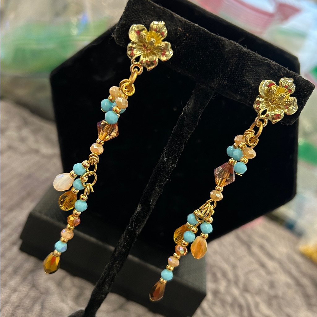 Turquoise Blue & Brown Topaz Crystals Long Dangle Earrings-Nwt
